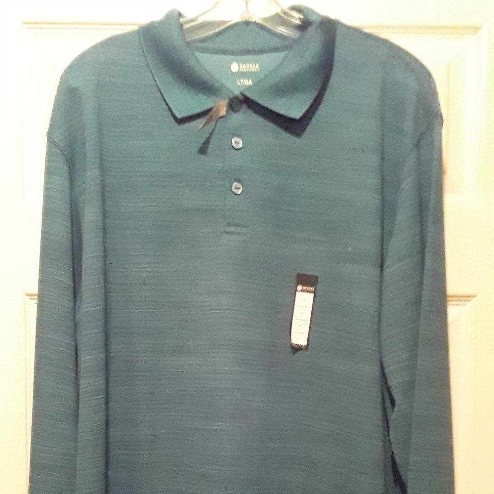Haggar Mens Green long sleeve collared polo shirt size LT NWT